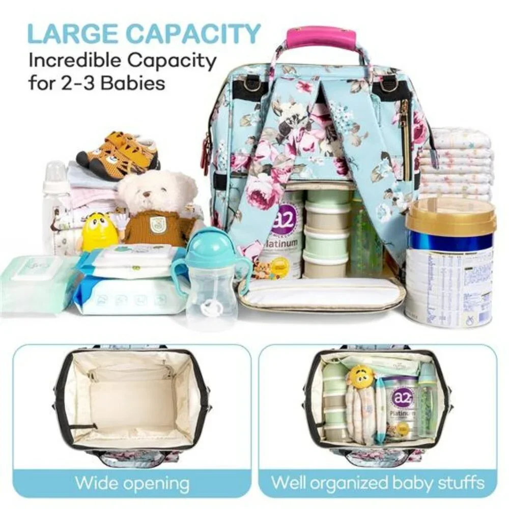 Large floral diaper bag backpack waterproof maternity travel baby bag with pad
